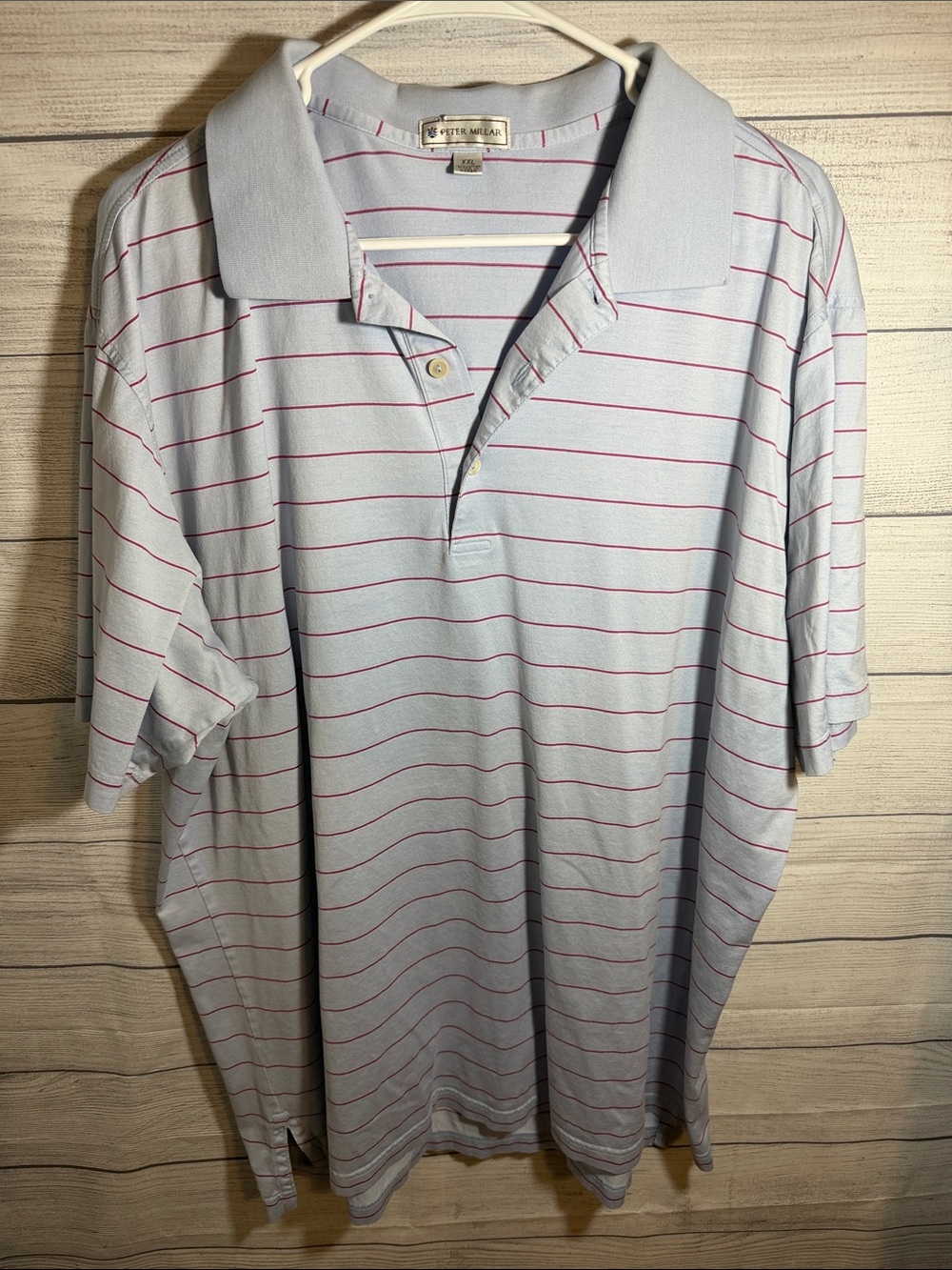 Peter Millar Light Blue Polo with Pink Stripes - Men's Short Sleeve
